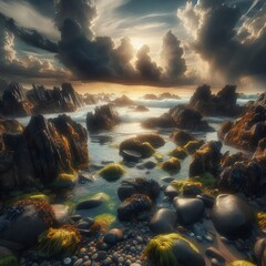 66 Rocky Coastal Shore Jagged rocks covered in seaweed and barna