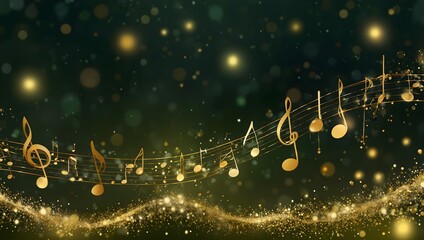 Gold musical notes float on a dark green background with sparkling glitter.


