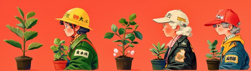 Obraz premium Children Learning Teamwork Activities in Hard Hats with Plant Engaging Collaborative Skills for Future Professionals and Environmental Awareness