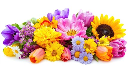 Obraz premium A vibrant bouquet featuring a variety of colorful flowers, including sunflowers, tulips, and daisies, arranged beautifully.