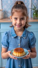 A smiling girl in a denim dress presenting a caramel flan on a pastel plate, standing in a cozy kitchen with a soft blue background.