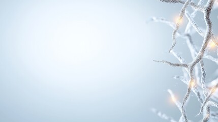 Elegant frost-covered branches with soft glowing lights against a dreamy blue background for winter photography