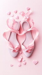 Fototapeta premium Pink ribbon-tied ballet slippers form heart shapes on a soft pastel backdrop, evoking romance