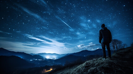 Obraz premium A silhouette of a man with a backpack on a hill, watching the sunset, with copyspace.