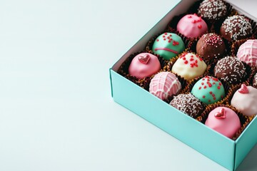 Valentine's colorful assortment of decorative chocolate truffles in a teal box, featuring various toppings and designs for an appealing treat.