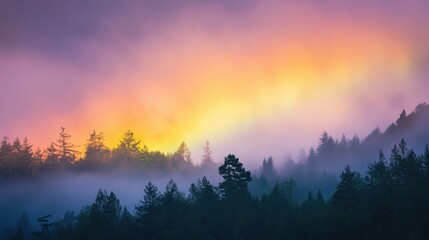 Fototapeta premium Glowing fire rainbow stretching across forest during sunrise, light breaking through mist, creating stunning display of warm hues