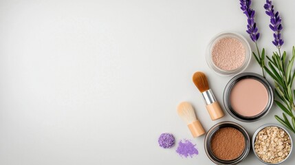 Natural makeup application home studio beauty products calm setting overhead view wellness and self-care