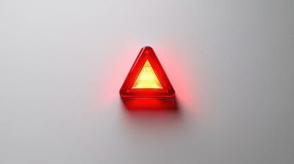 A bright red warning triangle light against a neutral background, indicating caution and alertness for drivers.