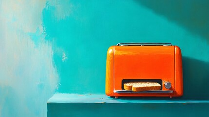 A vibrant orange toaster sits on a teal shelf, highlighted against a colorful wall, showcasing a modern kitchen aesthetic.