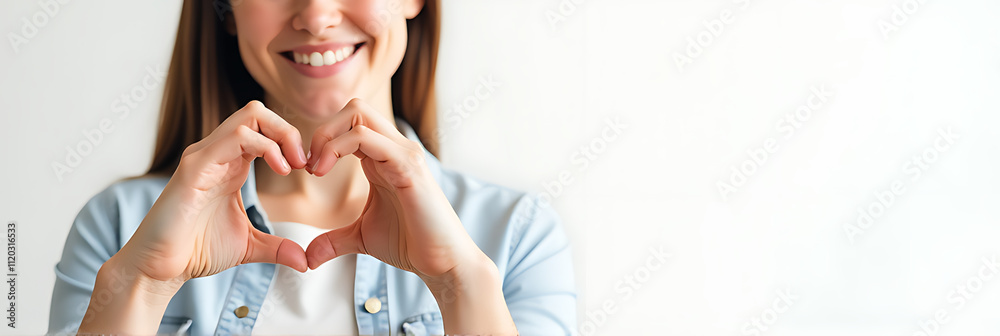 Poster image of a woman forming a heart shape with her fingers on an empty white background leaving space t