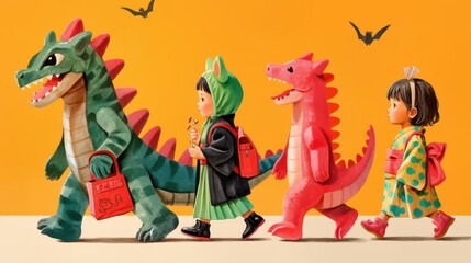 Naklejka premium Whimsical Kids Dressed as Fairy Tale Characters in Dinosaur Costumes Imaginative Playful Photography for Advertising and Marketing Use