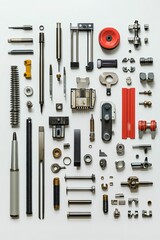 Precision metal parts arranged on white background.