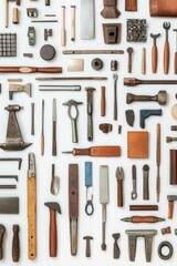 Assorted antique tools arranged neatly on white.