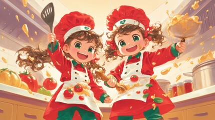 Fototapeta premium Kids Learning Cooking Recipes in Red Outfits Two Girls Engaging in Culinary Arts and Creative Cooking Techniques for Future Chefs