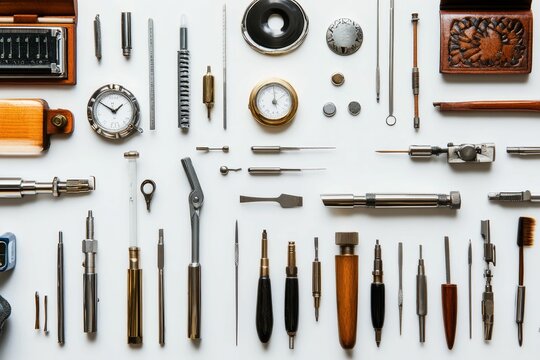 Precision instruments arranged neatly on white.