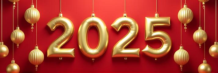 Golden vertical balloons and Christmas ornaments adorn a vibrant red backdrop to capture the festive spirit of welcoming 2025._00001_