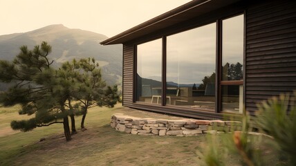 Fototapeta premium Modern Prefab Modular House with Reflective Glass and Sleek Architecture