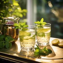 Fototapeta premium Refreshing herbal botanical drink with garden fresh mint in elegant crystal glassware soft natural setting for a serene experience