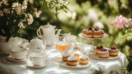 Charming afternoon tea arrangement with teapots, fresh flowers, and an assortment of delicate desserts