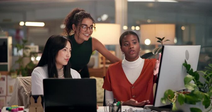 Teamwork, journalism or women in startup on computer for copywriting, editing or creative agency for media press. Night, people or writers on pc for publication website, news article or blog deadline