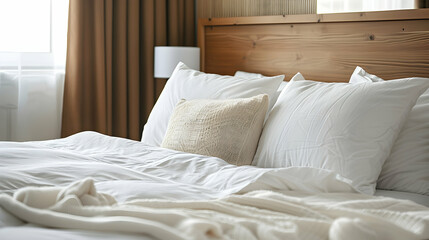 selective focus of empty bed with white pillow and blanket
