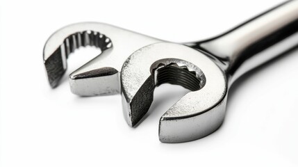 Close-up of a metallic wrench, double-ended.