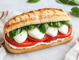 Rustic ciabatta sandwich filled with fresh mozzarella, basil, and tomatoes, perfect for a light meal