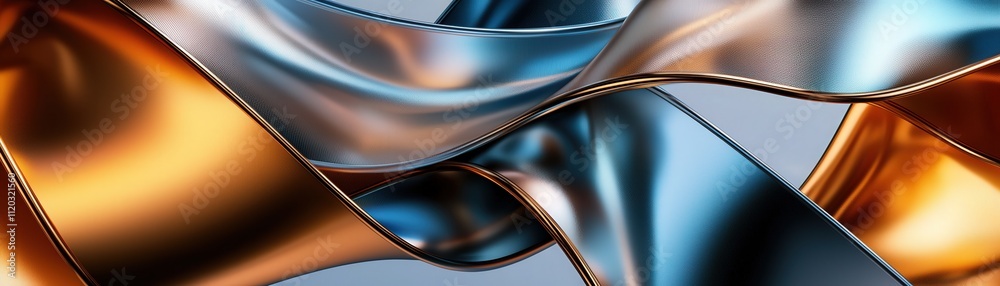 Poster gradient metallic ribbons, overlapping diagonally across a clean canvas