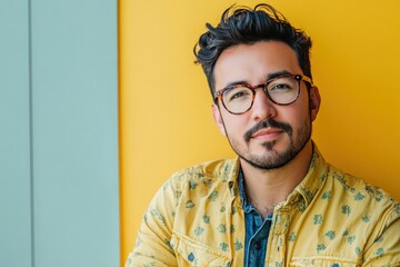 Obraz premium Confident Young Man Posing Against a Bright Yellow Background