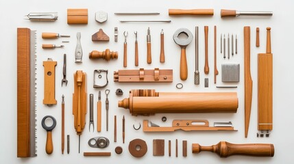 Wooden and metal tools arranged neatly.