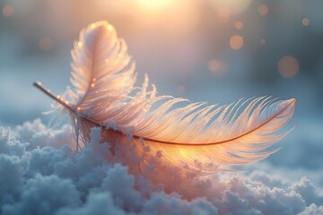 Ethereal Feather with Ice Crystals in Winter Sunrise Light