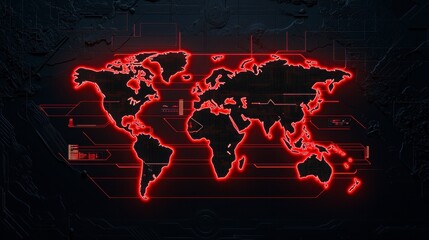 Futuristic global map visualization with red digital overlay aerial data representation infographic