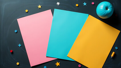 Colorful child stationery on a chalkboard backdrop offers a fun and educational setting for kids, ideal for promotional use or creative projects._00001_