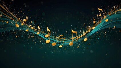 Golden musical notes swirl on teal-colored waves. Lots of tiny golden particles.

