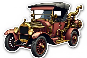 Ornate Red and Gold Steampunk Automobile Sticker with Victorian Industrial Details