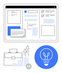 Digital project management dashboard interface with task lists and notes, business briefcase, growing graph, and light bulb icon. Ideal for project planning, business strategy, team task tracking