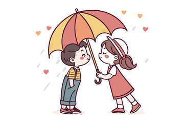 sweet moment of two kids in the rain with a vibrant umbrella hearts and raindrops enhancing the overall charm of the scene