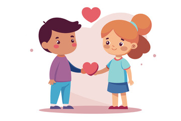 cute cartoon illustration of children exchanging hearts in a loving gesture. eps 10