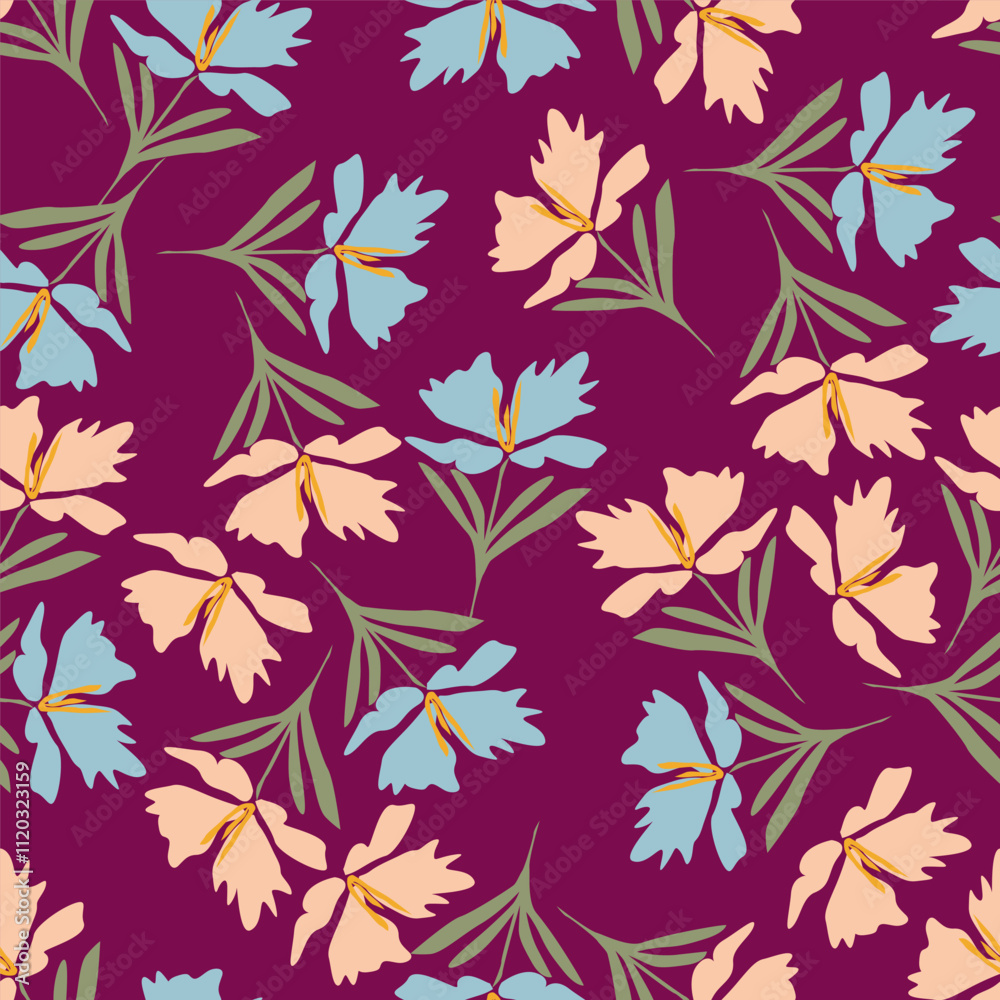 Wall mural Seamless vintage pattern abstract. wonderful pink flowers, golden leaves on a dark blue background. vector texture . trend print for textiles