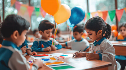 Children Celebrating Republic Day with Art in a Decorated Classroom Setting