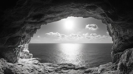 Cave opening with ocean and sun view.
