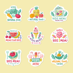 Kids menu. Badges with place for text restaurant childrens menu recent vector logo collections