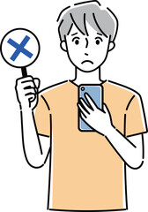 スマホとマルバツ札を持っている男性