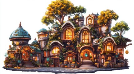 Charming fantasy house with lush greenery.