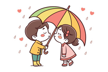cute kids sharing umbrella in rain vector illustration