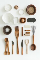 Wooden and ceramic kitchen utensils, bowls, and grains.