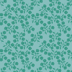 Seamless floral pattern, liberty ditsy print of pretty hand drawn chamomile. Cute botanical design for fabric, paper: colorful field, small flowers, tiny leaves on blue background