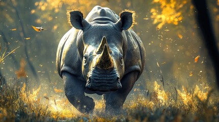 Majestic white rhino charging forward in autumnal African savanna.