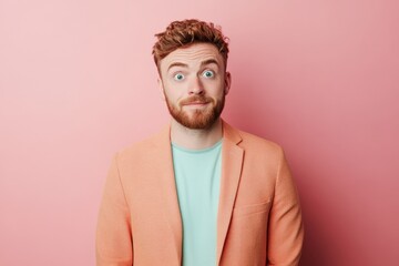 Obraz premium Cheerful Young Man with Quirky Expression Against a Pink Background