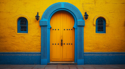Fototapeta premium A yellow door with blue trim stands in front of a yellow building. The door is open, and the building has a blue and yellow color scheme. The scene is bright and cheerful, with the door